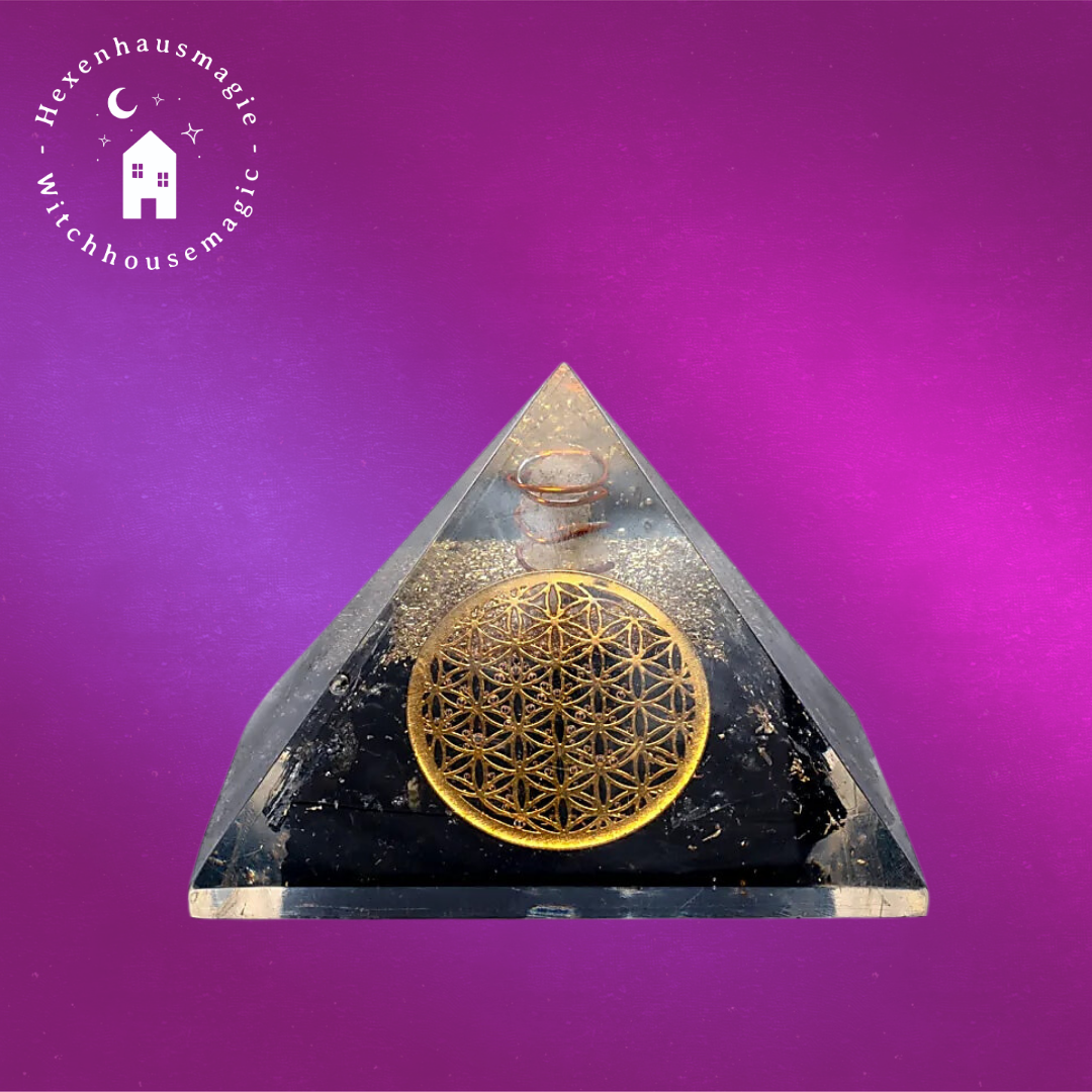 Schwarzer Turmalin Pyramide mit Blume des Lebens